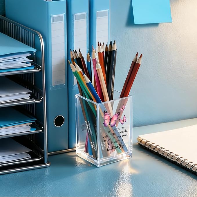 Just When The Caterpillar Thought The World Acrylic Pencil Holder Cup | Butterfly Pen Holder Gifts For Women Girls Sister, Inspirational Gifts for Daughter, Encouragement Gift for Teens Women