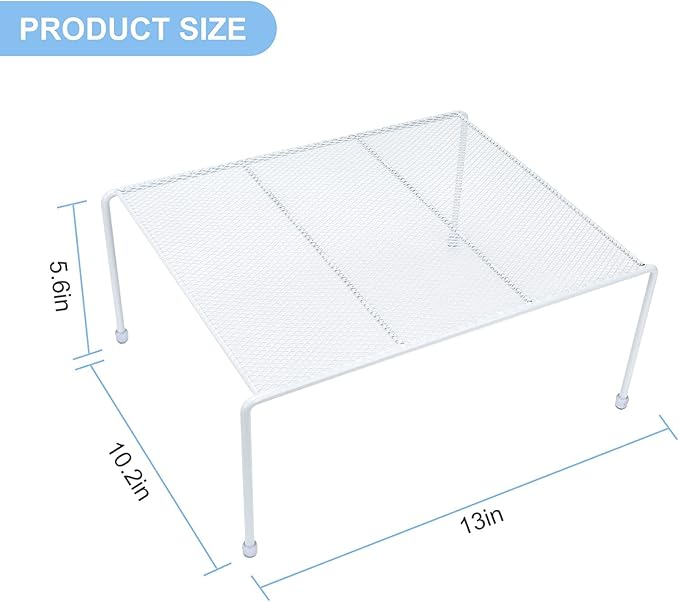 Set of 4 Mesh Kitchen Shelves Cabinet Storage Shelf Rack (13.1 x 10.2 Inch) ，Kitchen Bathroom Pantry Cupboard Desk Home Office, Fridge, Cabinet, Bathroom Cupboard, Non-slip Plastic Feet (4, White)
