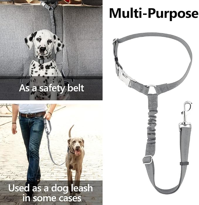 Plutus Pet Dog Seat Belt for Car Headrest, Reflective with Elastic Bungee | Adjustable Restraint for Safety, Vehicle Seatbelt Harness for Small Medium Large Dogs and Cats, Gray