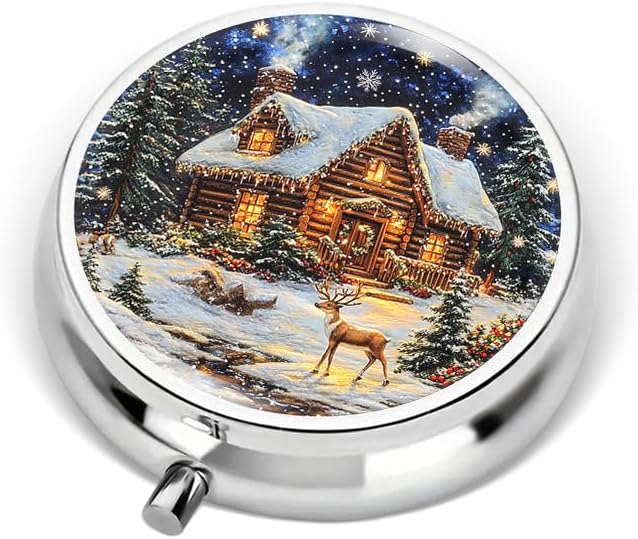 Portable Round 3 Compartment Metal Pill Box Beautiful Snow-Covered Log Cabin Surrounded by Evergreens for Travel Storage Home Organization Outdoor Adventures