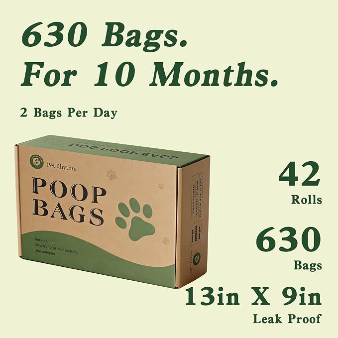 Dog Poop Bags rolls with Dispenser,630 pack Plant-Based Material | Dog Waste Bags Extra Thick Leak-Proof , Lavender-Scented Dog Poop Bags, 13x9 Inch for Bags for Dogs Walking and Cat Litter