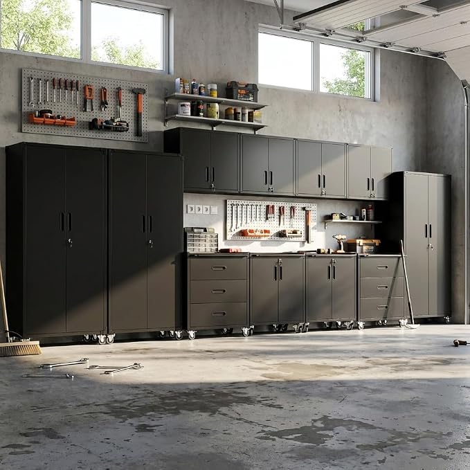 12-Piece Heavy Duty Steel Garage Cabinet System | All-in-One Modular Garage Cabinet Set for Ultimate Workshop Organization | Easy Assembly Garage Storage Cabinets & Tool Bench (Black)