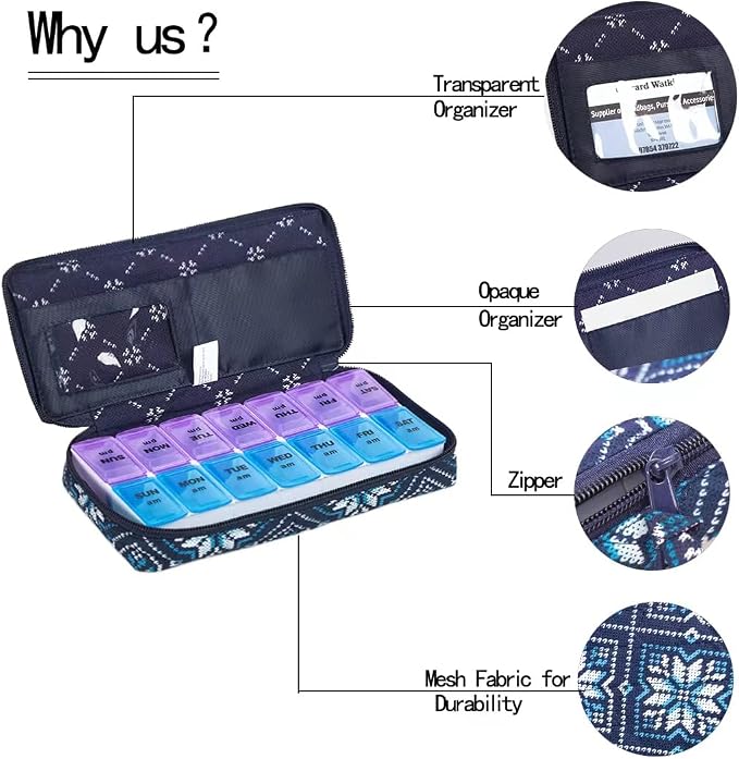 Weekly Pill Organizer 2 Times a Day, Zumd Pill Box 7 Day with Cute Quilted Fabric Zipper Case, Travel Pill Case Am Pm for Vitamin Medicine Organizer