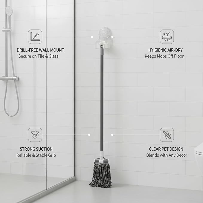 Clear Suction Cup Mop Holder, Drill-Free Wall Mount for Bathroom Tiles & Glass, Space-Saving Storage for Wet Mops and Brooms