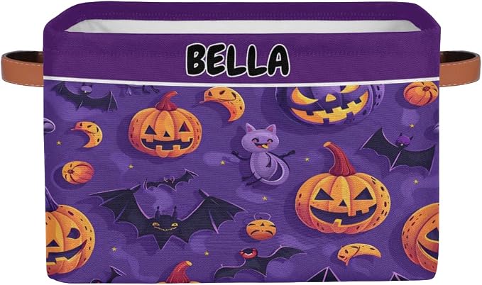 Custom Name Storage Bin, Personalized Rectangular Storage Basket with Handles for Organizing Girls Toys Office Closet Shelf Baskets Halloween Pumpkin Bat Cat Stars Purple