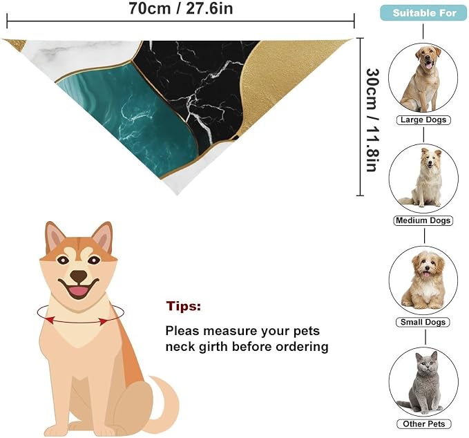 1Pcs Summer Abstract Watercolor Painting Gold Blue Turquoise Black White Gray Marble Lightweight Comfy Triangle Scarf for Small to Large Pets Travel, Picnic, Party, Casual Daily Use