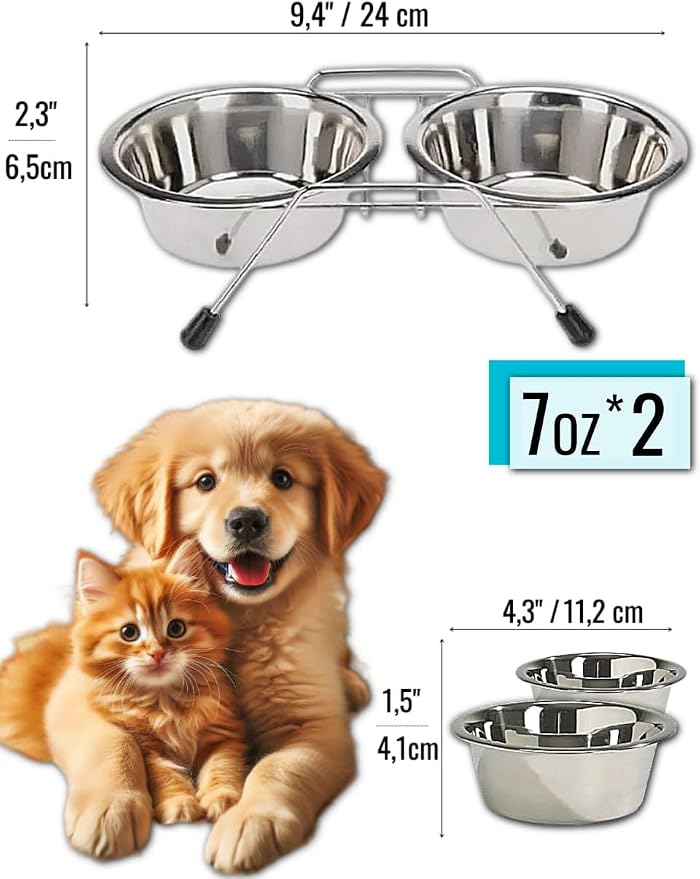 Pet Bowls for Dogs and Cats, with 2 Bowls, Iron Stand Base, Double Bowl Stand, Two Steel Removable (7oz)