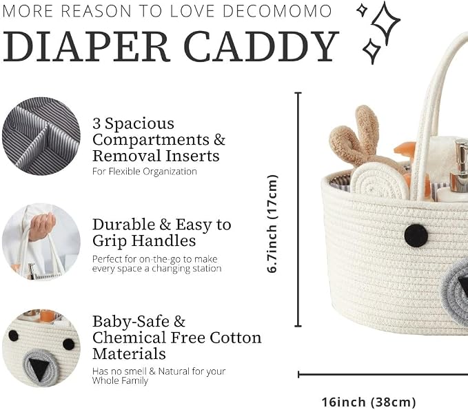 DECOMOMO Teddy Bear Basket, Large Diaper Caddy Basket | Baby Baskets for Baby Shower (Animal)