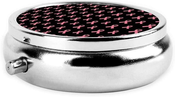Purse Pill Case, Breast Cancer Pink Ribbon Mini Round Holder, Portable Organizer for Medicine, Travel Pill Box Pocket Carry for Seniors