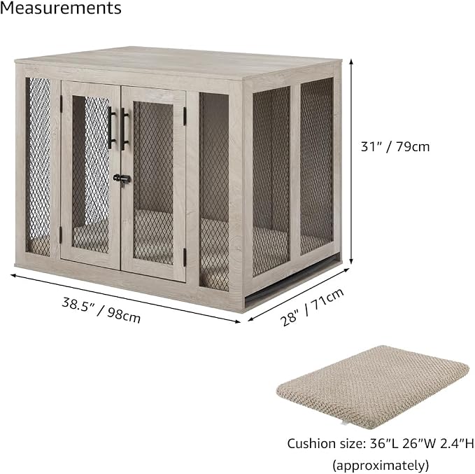 unipaws 38.5 Inch Large Dog Crate Furniture, Wooden Kennel for Large Breed | Indoor Decorative Wood Dog Cage, Inside Side End Table Crate with Tray and Dog Bed, Dog Enclosure