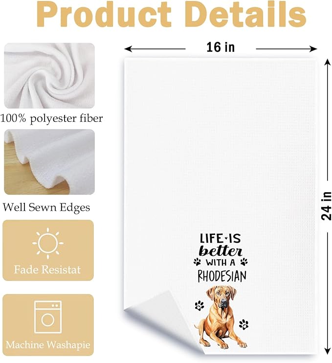 Funny Rhodesian Kitchen Towels, Life is Better with a Rhodesian Dish Towel for Kitchen Home Bathroom Decor, Dog Lovers Gift, 16×24 Inch