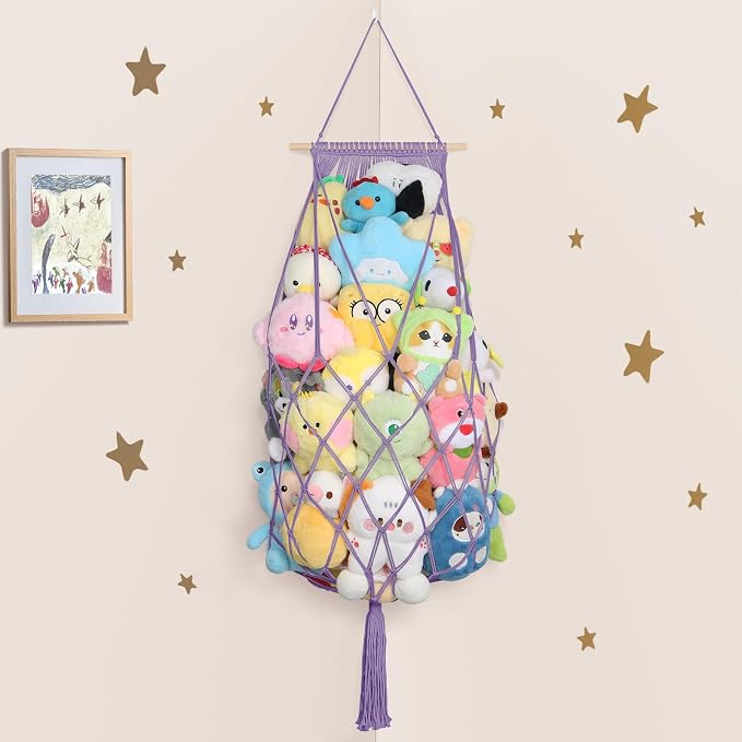 Stuffed Animal Storage Hammock Corner,70'' Macrame Toy Net,Purple | Wall Ceiling Over Door Hanging Stuffed Animals Hammock, Boho Macrame Stuffy Storage Holder, Nursery Playroom Kid Room Decor