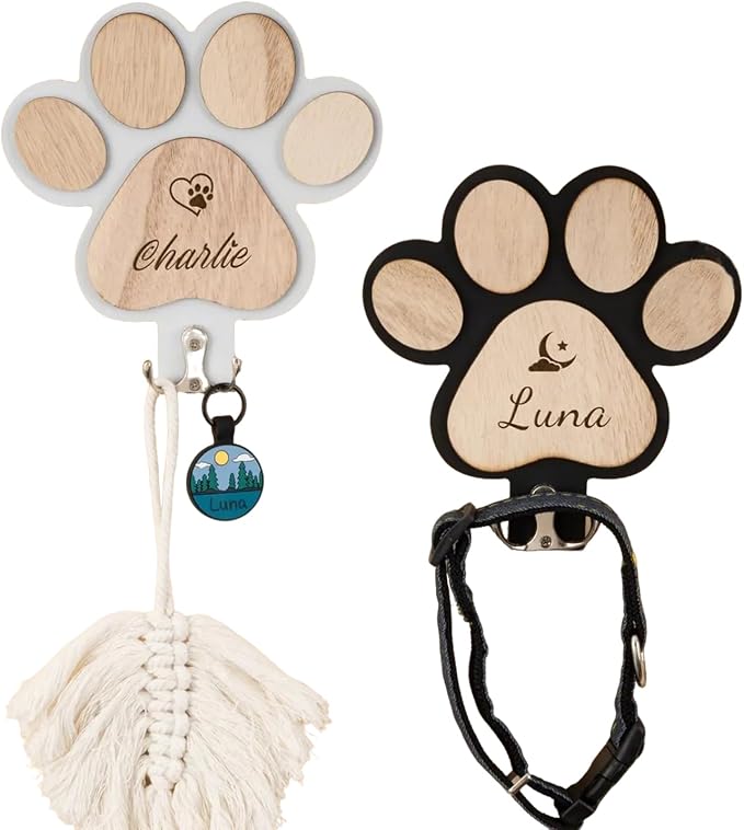 Custom Dog Paw Leash Holder, Personalized Pet Collar Hook, Engraved Paw Print Wall Hanger, Dog Leash Rack Organizer, Pet Lover Gift
