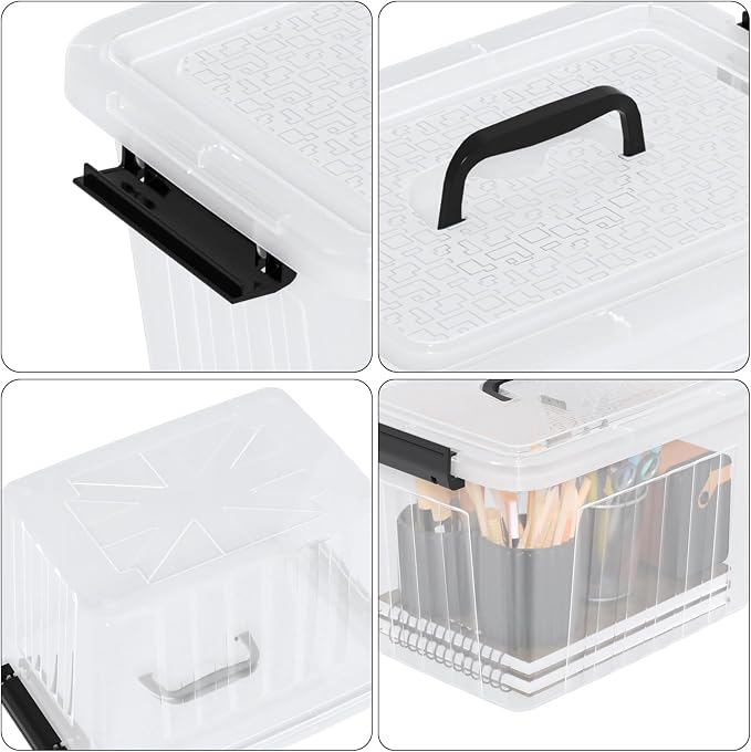 12L Clear Plastic Storage Bin with Handle, 4 Pack | Lidded Stackable Storage Boxes, BPA-Free, See-Through Organizer Totes for Closet, Pantry, Office