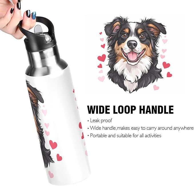 Bernese Dog Hearts Water Bottle with Straw Lid Kids Insulated Stainless Steel Water Flask Sports, 20 Oz Hot Cold