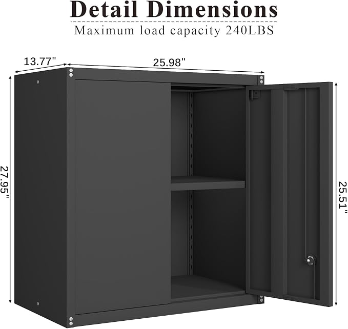 28" H Garage Storage Cabinet, Metal Garage Wall Cabinets with Doors and Shelves, Small Wall Mount Cabinet for Kitchen, Garage, Laundry Room, Pantry, Black