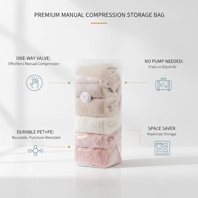 1 Pack Manual Compression Storage Bag, Space Saver with One-Way Valve for Travel and Closet Organization, Durable PET PE Material