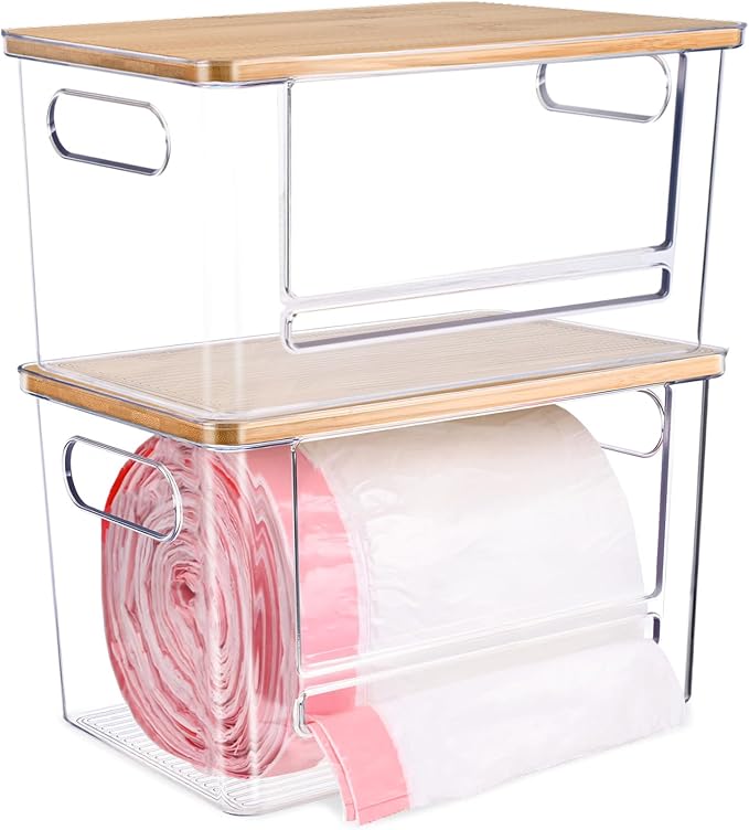 Trash Bag Dispenser Under Sink Organizer for Pantry, Kitchen, 2 Pack | Acrylic Garbage Bag Dispenser, with Bamboo Top & Handles, Extra Large, Keep Onions and Potatoes Neat, Clear, Stackable
