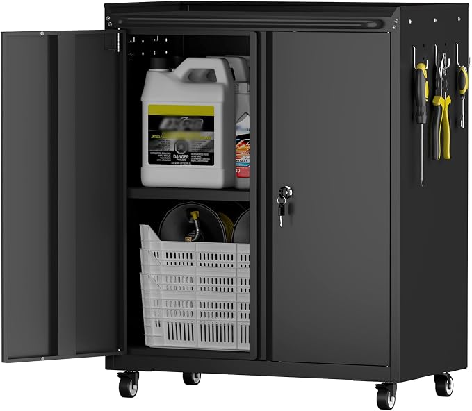 32''H Metal Storage Cabinets with Lock, Metal Garage Storage Cabinet on Wheels, Lockable Rolling Tool Chest Cabinet with Doors & Adjustable Shelves for Garage, Home, Office, Assembly Required