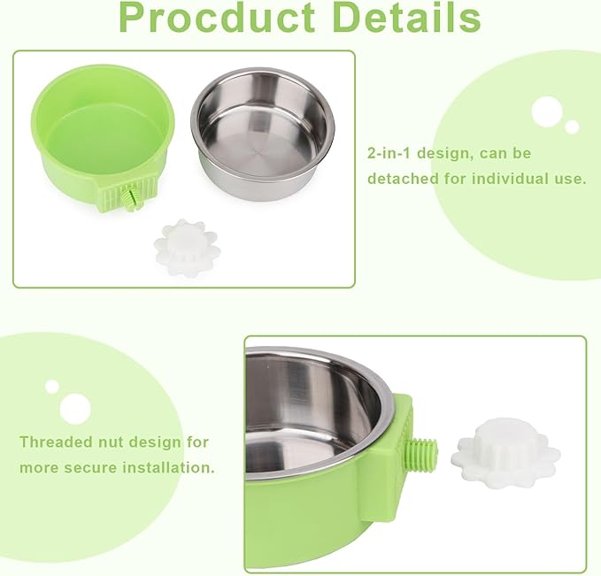 Crate Dog Bowl,Removable Stainless Steel Kennel Water Hanging Food & Water Feeder Crate Water Bowl No Spill for Puppy,Cat,Rabbit,Guinea Pig (Blue+Green)