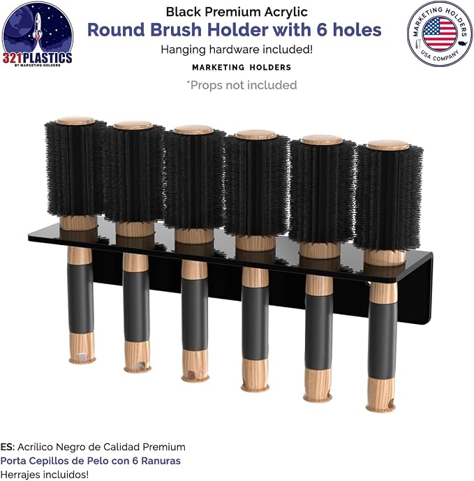 Marketing Holders Hanging Acrylic Brush Organizer 6 Holes Hardware Included Black Acrylic Wall Mount Multi Slot Rack 1 Piece for Professional Stylists Barbers and Dog Groomers