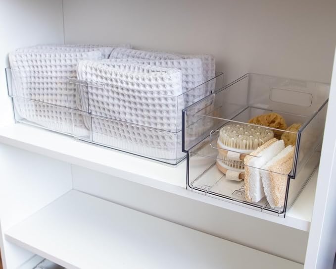 Isaac Jacobs 2-Pack Clear Expandable Storage Bins - Large | 11"-19" L x 7.8" W x 5.8" H, Plastic Organizer with Cut-Out Handles, Adjustable Length from 11-19" for Home, Kitchen & Office