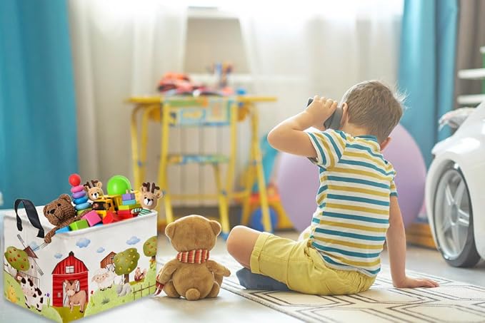 Rectangular Kids Baskets,Farm Baskets for Kids .Waterproof PE Coating Cute Basket with Handles.Boys Bins,Gifts Box,Books Basket. (Farm)