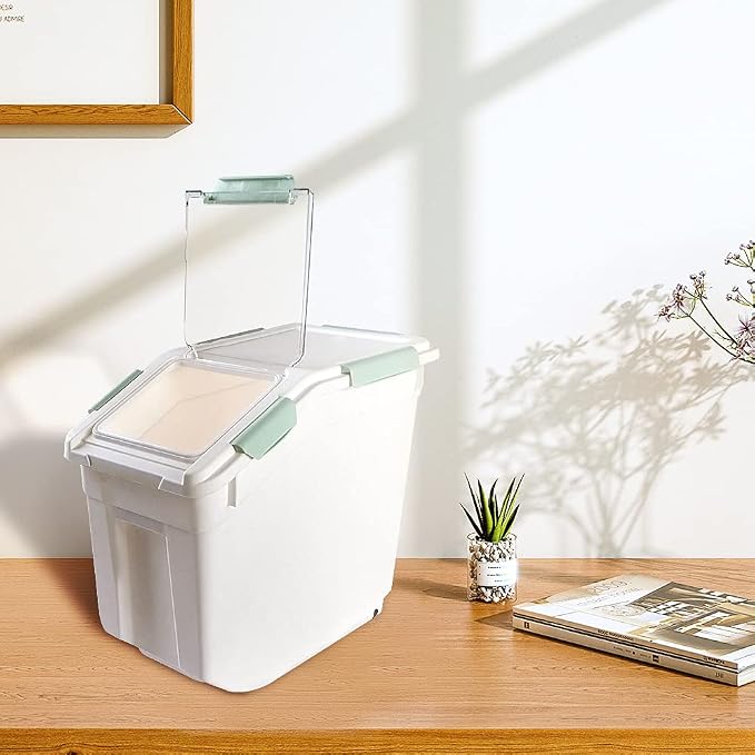 Airtight Flour Storage Container 25 lb Rice Storage Container with Wheels Seal Locking Lid, Food Containers with Measuring Cup& Scoop for Flour, Rice, Grain(Cyan)