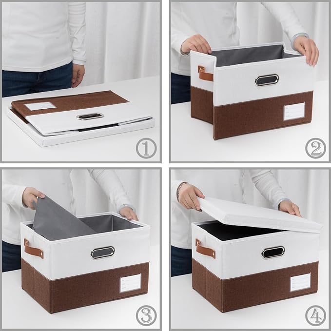 Foldable Storage Bins with Lids [3-Pack] Fabric Collapsible Storage Boxes Baskets Cubes Containers with Handles for Closet Living Room Bedroom (Brown & White 14.9x9.8x9.8'')