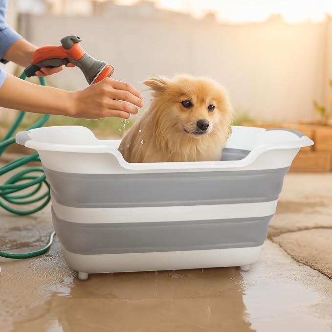 Collapsible Dog Bathtub, 7.1 Gal / 27 L Pet Bath Tub, Puppies Cats | 23.8 x 15.6 x 11.6 in Size, Folds to 3.34 in, Drain Plug with Hair Collector, Non-Slip Feet, TPE/PP Tub, Under 30 lb Pets
