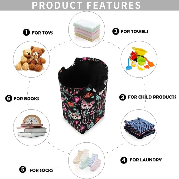 visesunny Collapsible Laundry Basket Sugar Skull Cat Flower Floral Large Laundry Hamper with Handle Toys and Clothing Organization for Bathroom, Bedroom, Home, Dorm, Travel