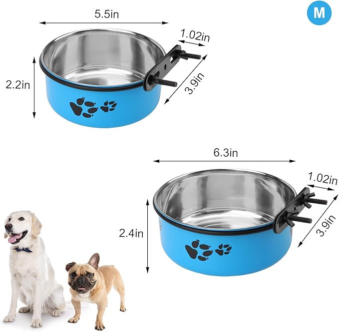 Stainless Steel Dog Crate Bowls Hanging No Spill 2 PCS - Adjustable Mountable Kennel Bowls for Medium/Large Dogs, Anti Spill Water & Food Bowl Set (Blue, M(5.5"+6.3"))