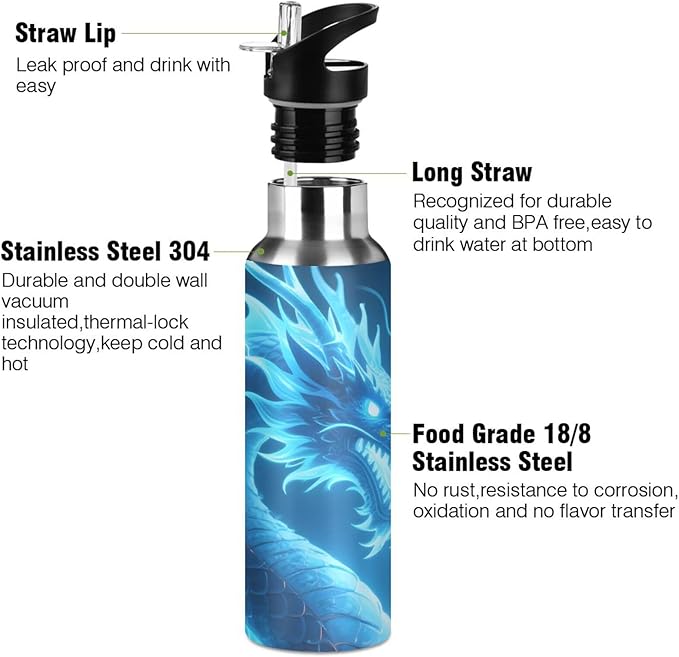 Dragon Blue Lightning Water Bottle with Straw Lid Kids Insulated Stainless Steel Water Flask Sports, 20 Oz Hot Cold
