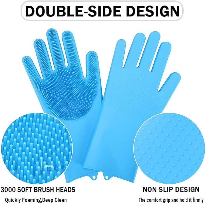 Pet Grooming Gloves for Cats Dogs, 3000 Silicone Grooves Bathing Gloves, Wet Dry Dual Use Washing Massage Gloves, Pet Bath Supplies for Gentle Cleaning Grooming（Blue）
