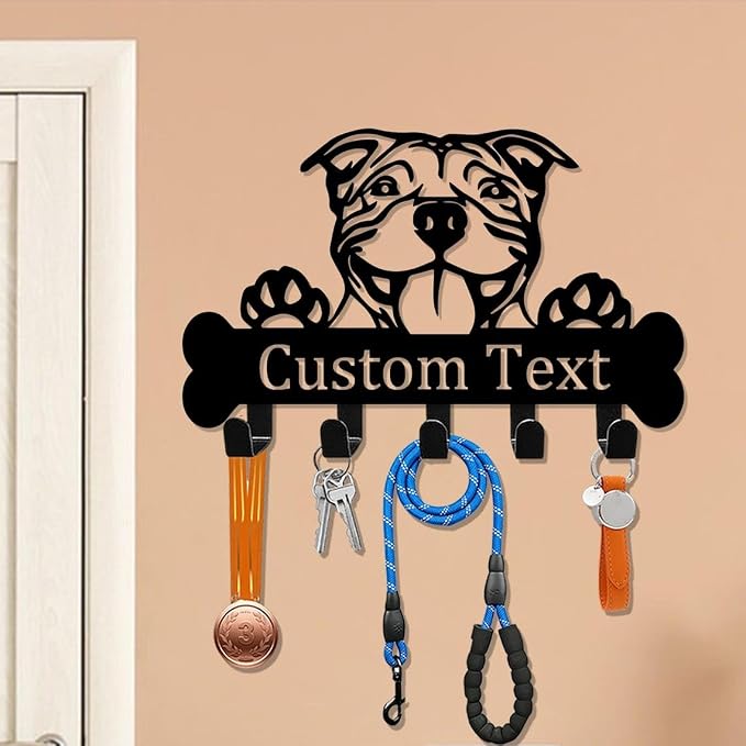 Personalized Pitbull Dog Leash Holder, Custom Hooks, Collar Hanger, Key Holder Wall Mount, Entryway Organizer, Mudroom Decor, Coat Rack, Hooks for Hanging, Hallway Rack, Doorway Decor