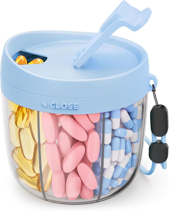 AMOOS Cute Pill Dispenser with Anti-Mix Design, 7-Slot, BPA-Free, Patented | Portable Travel Pill Organizer, Wide Mouth for Easy Access, Pill Bottle Organizer for Vitamins, Fish Oils, Supplements, Blue