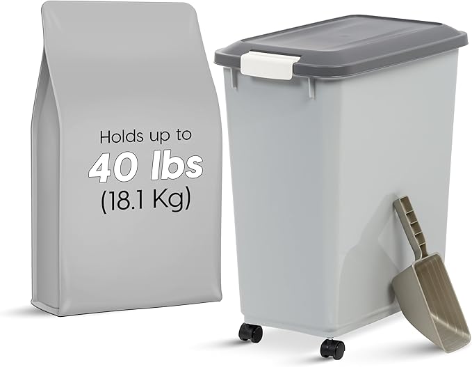 IRIS USA Dog Food Storage Container, Up to 40 lbs, Gray/Dark Gray | Made in USA, Comes with Wheels & 2-Cup Scoop, Airtight Seal, BPA-Free, Bird Seed, Cat food, Cat Litter, Treats, Pellets