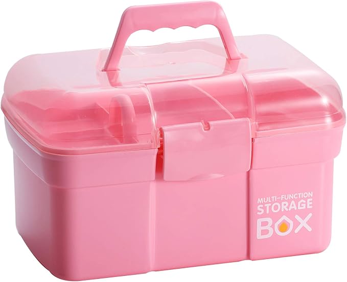 Kinsorcai 11'' Plastic Storage Box with Removable Tray, Multipurpose Organizer and Storage Case for Art Craft and Cosmetic (Pink)