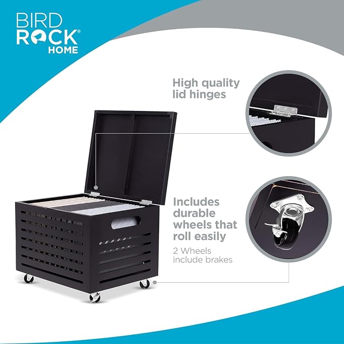 BIRDROCK HOME Bamboo Rolling File Storage Organizer Box with Lid - Decorative File Cabinet on Wheels, Portable File Box on Wheels, Mobile Filing Solution - Café Noir