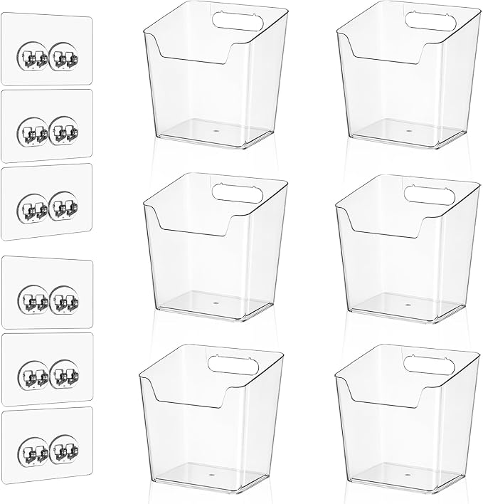 Clear Inside Cabinet Door Organizer, 6 Pack Plastic Wall Storage Bin Adhesive, Vertical Versatile Caddy Makeup Brush Pen Holder for Small Spaces in Bathroom, Office, Kid's Room Organization, No-Drill