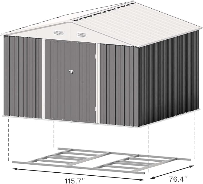 Patiowell 10x8 FT Outdoor Storage Shed with Floor Frame, Grey | Large Garden Tool Metal Shed, Sloping Roof, Double Lockable Door, Outdoor Shed For Backyard Garden Patio Lawn