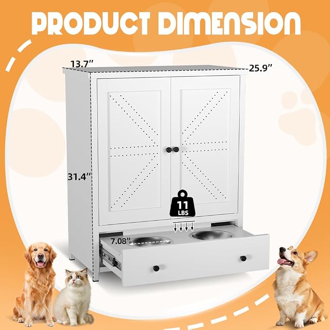 Dog Feeding Station with Storage Cabinet, Metal Pet Feeding Station with Storage, Dog Food Storage Cabinet with 2 Elevated Stainless Steel Bowls, Pet Food Cabinet Organizer, White