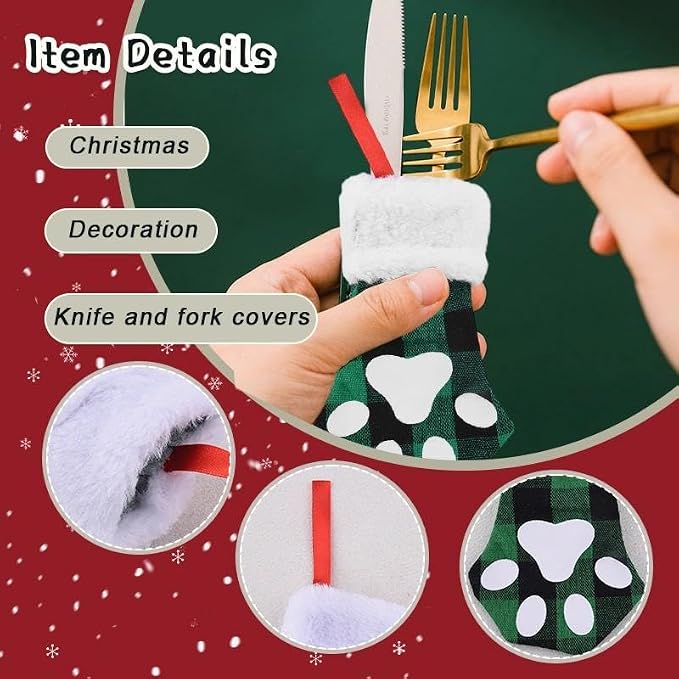yaozeio Christmas Kitchen Utensil Holder Bag for Pet Lover Christmas Xmas Gifts for Dog Cat Owner Paw Flatware Organizer Storage Xmas Hanging Ornament Decoration Plaid Holiday Party Favor for 2