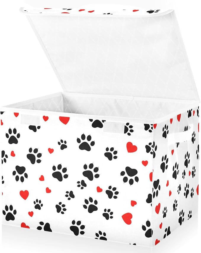 Paw Heart Storage Bins with Lids Closet Bedroom 40L Fabric Bin | Decorative Storage Boxes, Foldable & Stackable, Dust-Proof Flip Top, Reinforced Handles, For Home & Dorm, Clothes & Toy Box