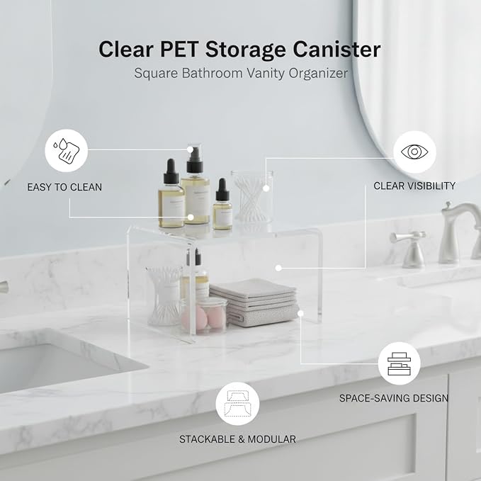 Clear PET Storage Canisters, Square Bathroom Vanity Organizers for Medicine Cabinet, Set of 4 (1 PC)