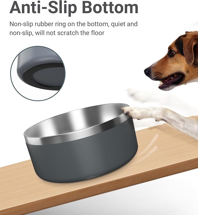 WENBOKMIN Dog Bowl, Stainless Steel Dog Food and Water Bowl with Non Slip Quiet Bottom, Easy to Clean, Dishwasher Safe, 40oz, Deep Grey