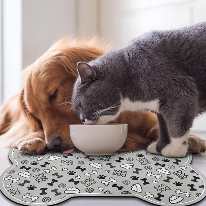 Dog Food Mats for Floors Waterproof, Pet Feeding Absorbent Water Bowl Mat Cat Placemats Gray Bone Shape 19 * 12 inch