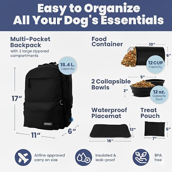Dog Travel Backpack for Supplies - Dog Diaper Bag with Travel Bowls | 2 BPA-Free Bowls; Food Container & Treat Pouch; Placemat; Laptop Sleeve; Poop Bag Dispenser, Hiking, Camping & Road Trips,