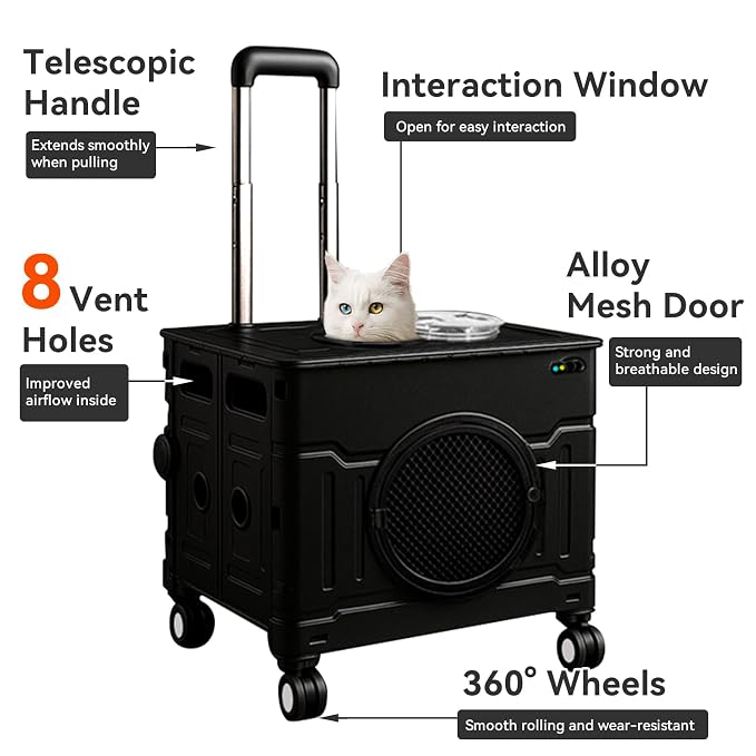 Collapsible Cat & Small Dog Carrier with Wheels Trolley Crate (White, M) | Lightweight waterproof portable foldable stroller for kittens and puppies, Airport trips, Vet visits, Rroad travel
