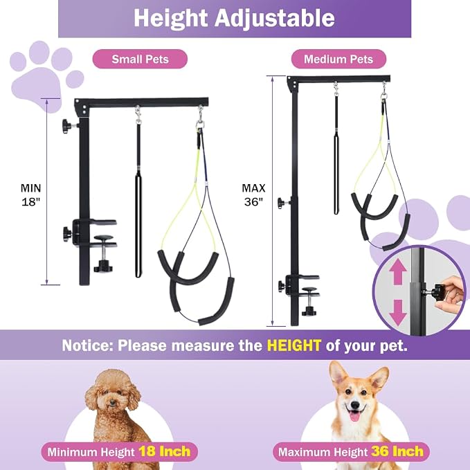 AGESISI Dog Grooming Arm with Clamp, 36" H for Small/Medium Pets, Black | Heavy Duty Pet Grooming Table Arm with Grooming Hammock, Loop Noose & Two No-Sit Haunch Holder, 36" Height Adjustable